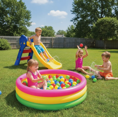 Piscina Inflable 114cm + 200 Pelotas + Inflador + 1 Rodadero Niños