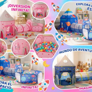 🚀🎪 Carpa Cohete 3 En 1 Infantil Rosada, Azul y Azul Espacial + Túnel y Piscina ✨🌈