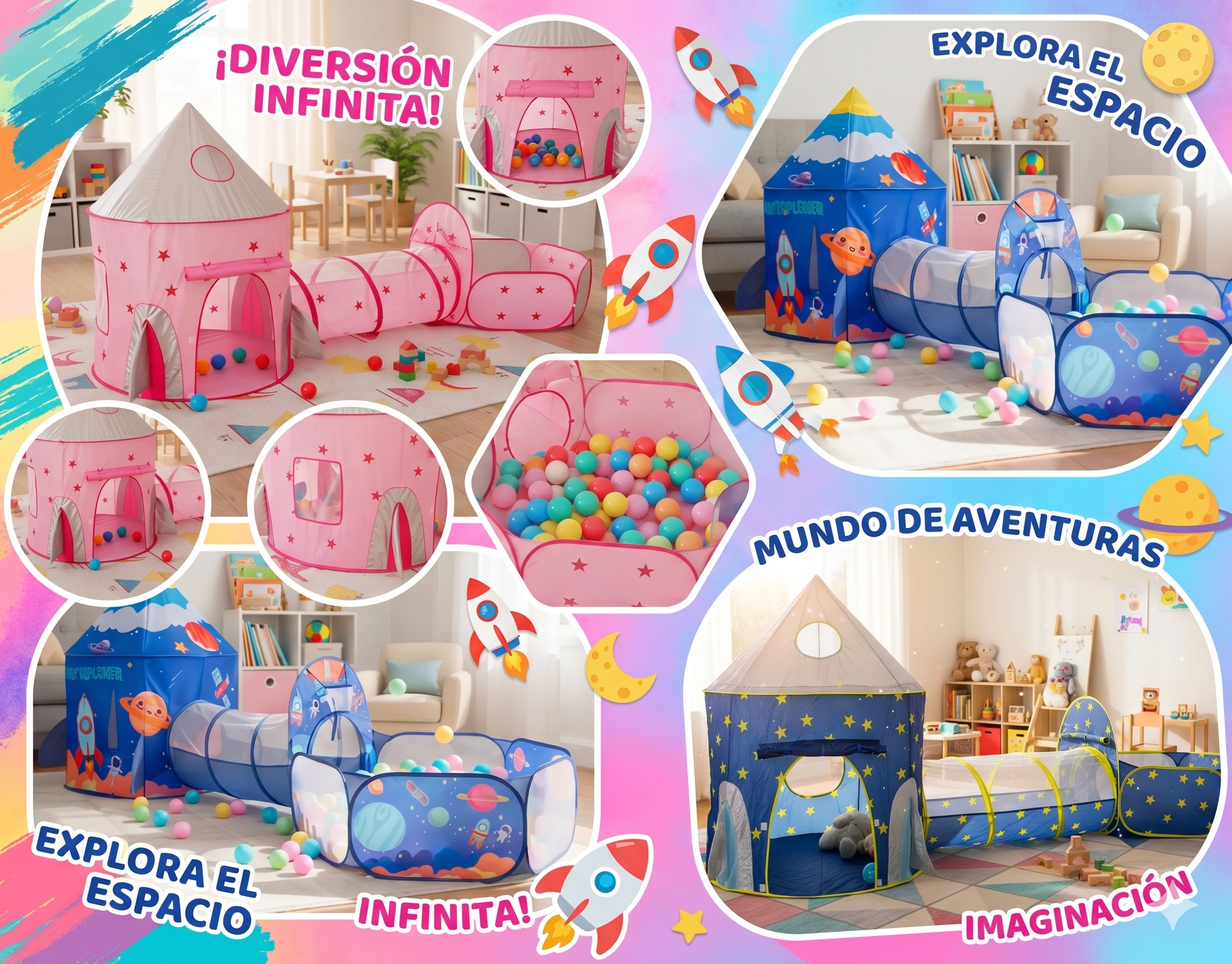 🚀🎪 Carpa Cohete 3 En 1 Infantil Rosada, Azul y Azul Espacial + Túnel y Piscina ✨🌈