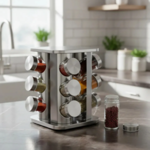 🧂✨ Condimentero Giratorio Acero Inoxidable 12 Tarros De Vidrio BBG Inox 🏡🍽️