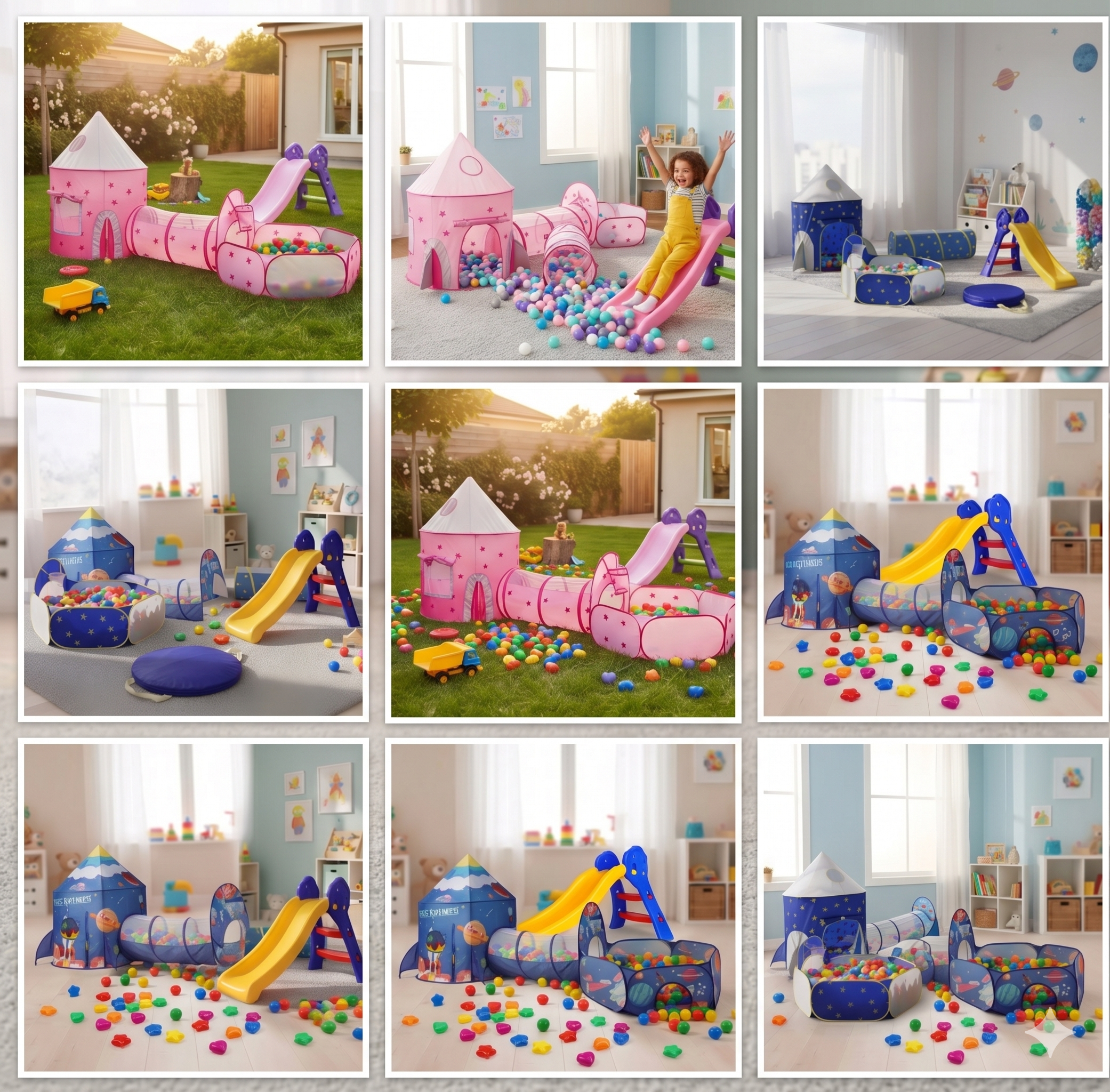 🚀🛝🎪 Carpa Cohete 3 En 1 Infantil Rosada, Azul y Azul Espacial + Rodadero + 50 Pelotas 🎈✨