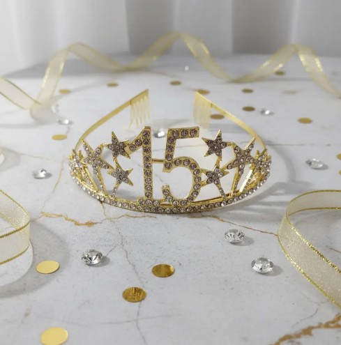 👑✨ Tiara Diadema Metálica Para Celebración De 15 Años Dorado💖🎉