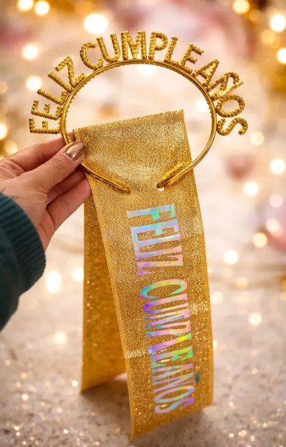 👑🎉 Banda y Diadema Feliz Cumpleaños Para Mujer Dorado Escarcha🎂✨ - Image 3