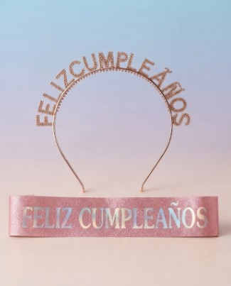 👑🎉 Banda y Diadema Feliz Cumpleaños Para Mujer Oro Rosa🎂✨