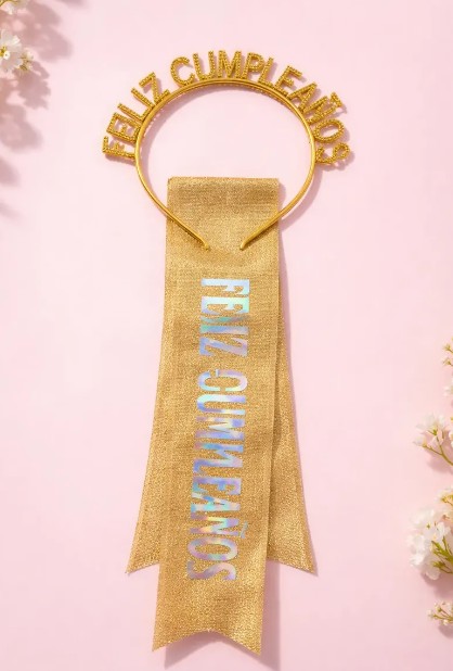 👑🎉 Banda y Diadema Feliz Cumpleaños Para Mujer Dorado Escarcha🎂✨
