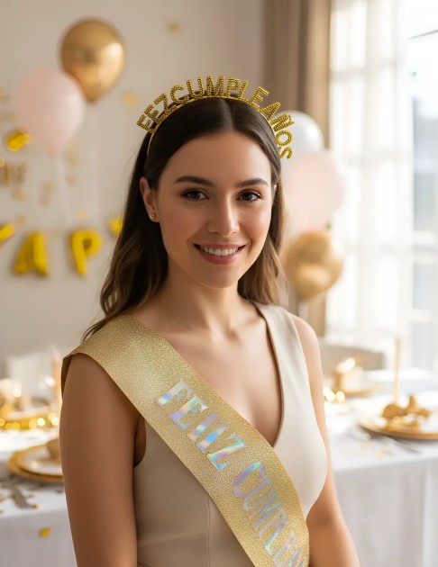 👑🎉 Banda y Diadema Feliz Cumpleaños Para Mujer Dorado Escarcha🎂✨ - Image 7
