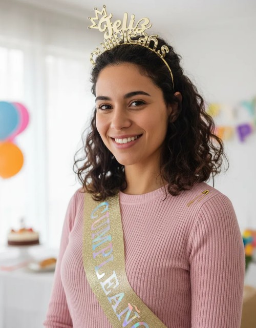 👑🎉 Banda y Diadema Feliz Cumpleaños Para Mujer Dorado 🎂✨ - Image 5