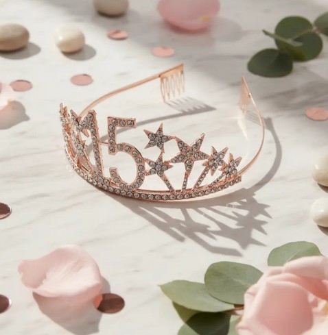 👑✨ Tiara Diadema Metálica Para Celebración De 15 Años Oro Rosa 💖🎉 - Image 5