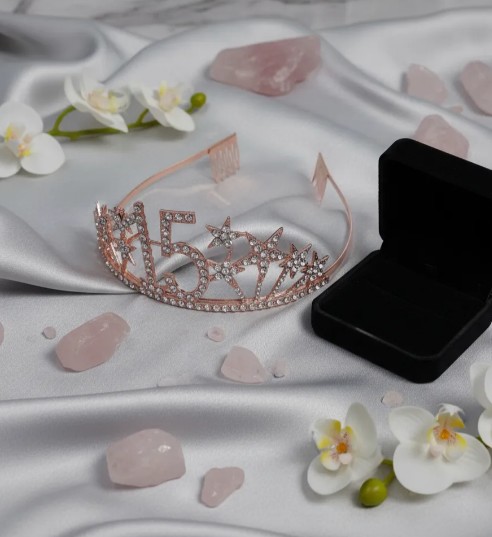 👑✨ Tiara Diadema Metálica Para Celebración De 15 Años Oro Rosa 💖🎉 - Image 3
