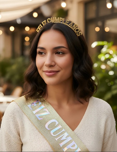 👑🎉 Banda y Diadema Feliz Cumpleaños Para Mujer Dorado Escarcha🎂✨ - Image 4