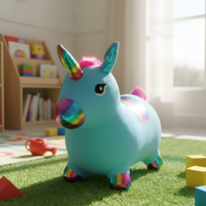 🦄🌈 Unicornio Saltarín Inflable Con Pijama, Azul Claro Luces y Sonido Ref. 337 ✨🎵
