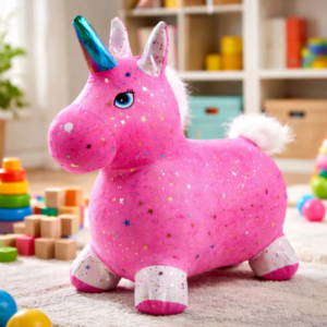🦄🌈 Caballito Saltarín Inflable Unicornio Fucsia Con Pijama Estrellas ✨