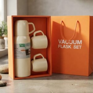 ☕🎁 SET TERMO BOTELLA TÉRMICA 500 ML + 3 POCILLOS – CAJA DE REGALO ✨Crema