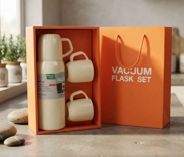 ☕🎁 SET TERMO BOTELLA TÉRMICA 500 ML + 3 POCILLOS – CAJA DE REGALO ✨Crema