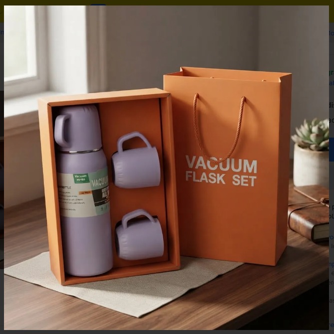 ☕🎁 SET TERMO BOTELLA TÉRMICA 500 ML + 3 POCILLOS – CAJA DE REGALO MORADO✨ - Image 4