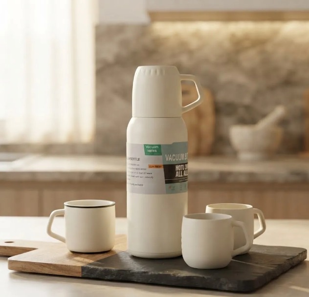 ☕🎁 SET TERMO BOTELLA TÉRMICA 500 ML + 3 POCILLOS – CAJA DE REGALO ✨Crema - Image 4