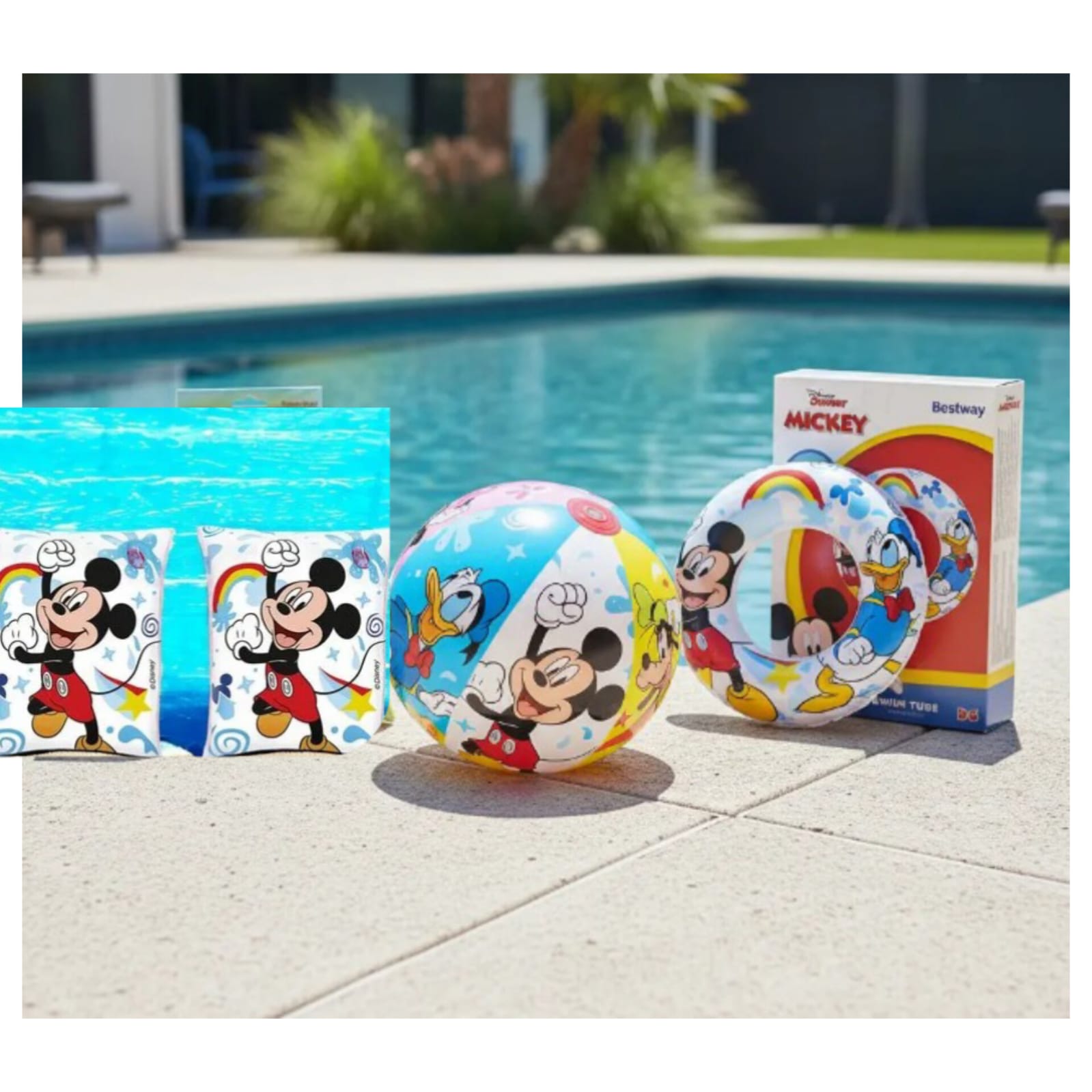 🌊☀️ COMBO 3 EN 1 BESTWAY – BRAZOS + ARO + PELOTA Mickey🎈🏖️