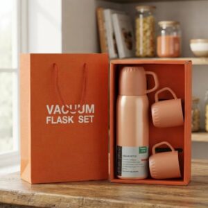 ☕🎁 SET TERMO BOTELLA TÉRMICA 500 ML + 3 POCILLOS – CAJA DE REGALO MARFIL✨