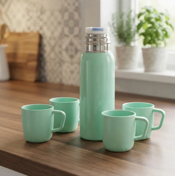 ☕🎁 SET TERMO BOTELLA TÉRMICA 500 ML + 3 POCILLOS – CAJA DE REGALO TURQUESA✨ - Image 2