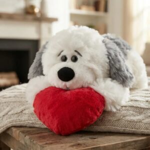 🐶❤️ PELUCHE PERRO ACOSTADO CON CORAZÓN ROJO Gris Blanco❤️🐶