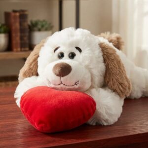 🐶❤️ PELUCHE PERRO ACOSTADO CON CORAZÓN ROJO Cafe Blanco❤️🐶