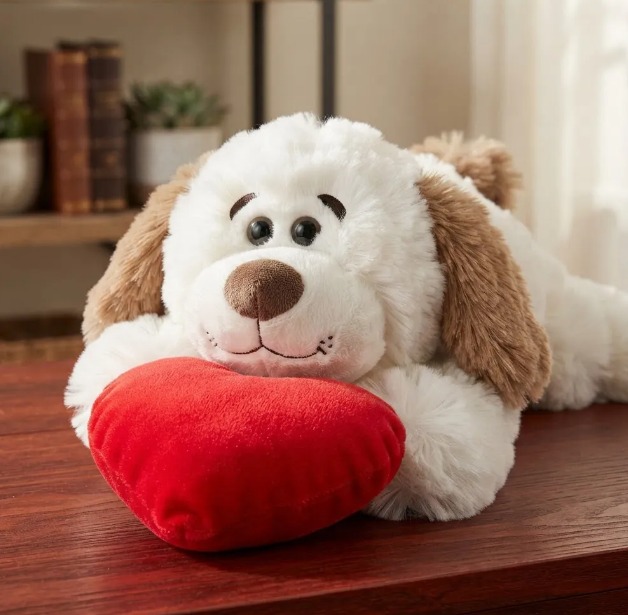 🐶❤️ PELUCHE PERRO ACOSTADO CON CORAZÓN ROJO Cafe Blanco❤️🐶