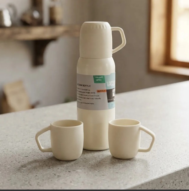 ☕🎁 SET TERMO BOTELLA TÉRMICA 500 ML + 3 POCILLOS – CAJA DE REGALO ✨Crema - Image 3