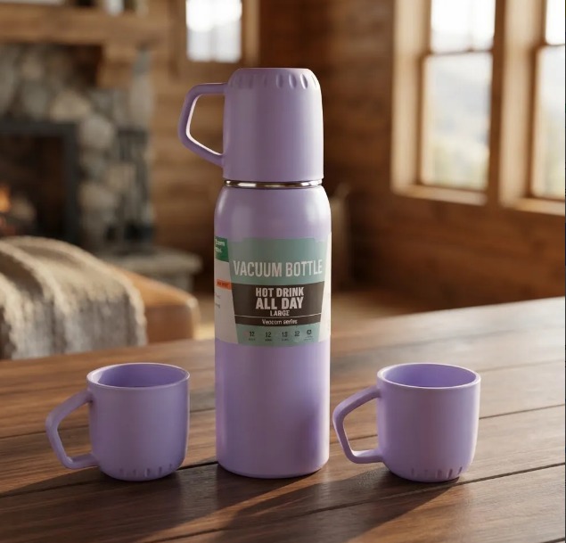 ☕🎁 SET TERMO BOTELLA TÉRMICA 500 ML + 3 POCILLOS – CAJA DE REGALO MORADO✨ - Image 3