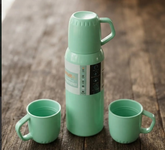 ☕🎁 SET TERMO BOTELLA TÉRMICA 500 ML + 3 POCILLOS – CAJA DE REGALO TURQUESA✨ - Image 3