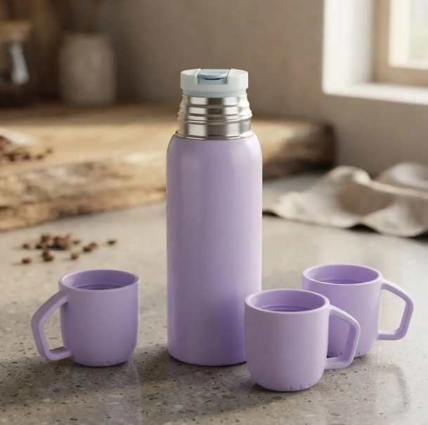 ☕🎁 SET TERMO BOTELLA TÉRMICA 500 ML + 3 POCILLOS – CAJA DE REGALO MORADO✨ - Image 2