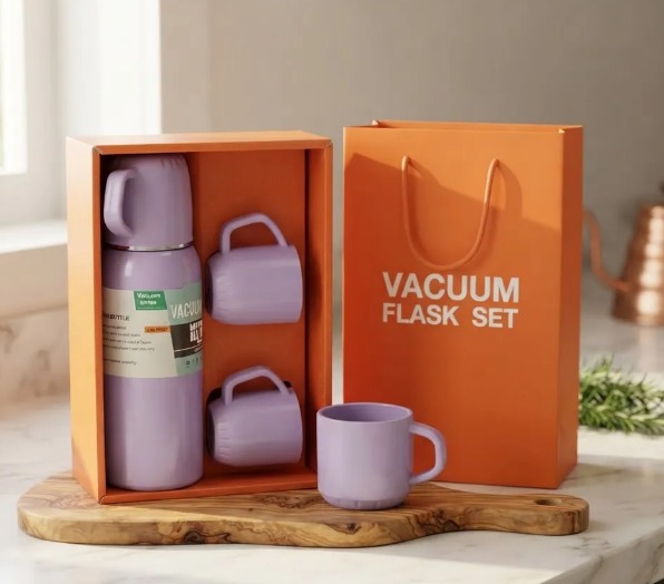 ☕🎁 SET TERMO BOTELLA TÉRMICA 500 ML + 3 POCILLOS – CAJA DE REGALO MORADO✨