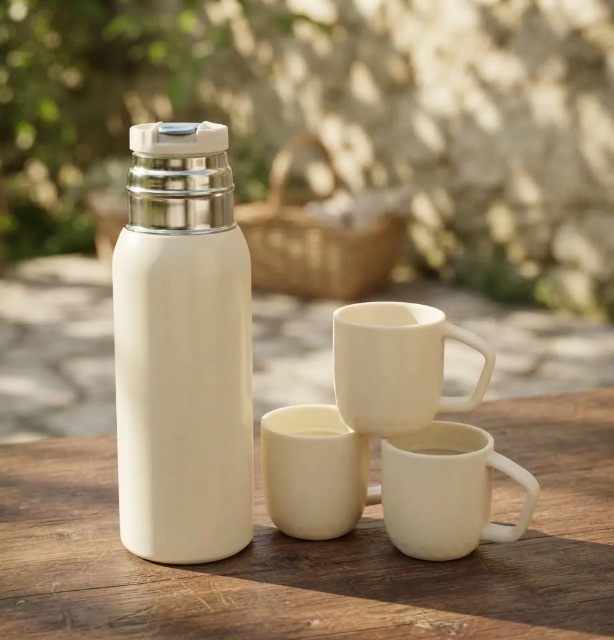 ☕🎁 SET TERMO BOTELLA TÉRMICA 500 ML + 3 POCILLOS – CAJA DE REGALO ✨Crema - Image 2