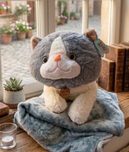 💖🐢🐱 Peluche Con Cobija Suave Y Acogedora 2 En 1Gato Gris🐮🐺💖
