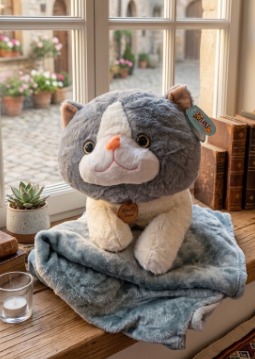 💖🐢🐱 Peluche Con Cobija Suave Y Acogedora 2 En 1Gato Gris🐮🐺💖