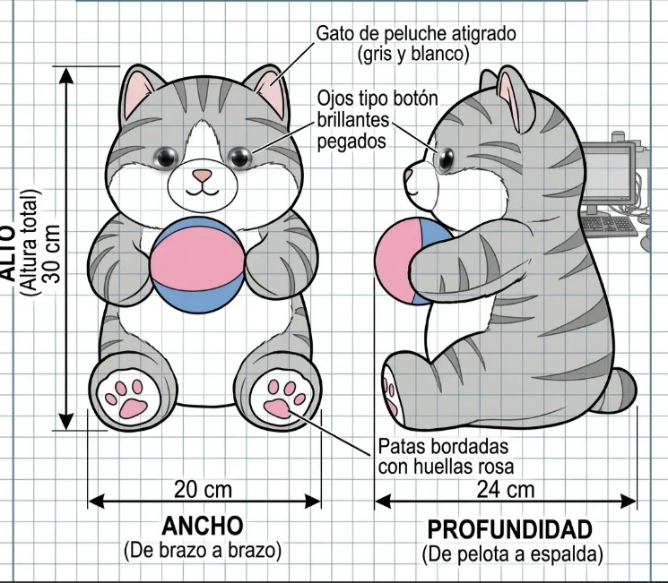 🐱⚽ Peluche Gato Con Pelota De Colores 30 cm Gris🌈✨ - Image 5