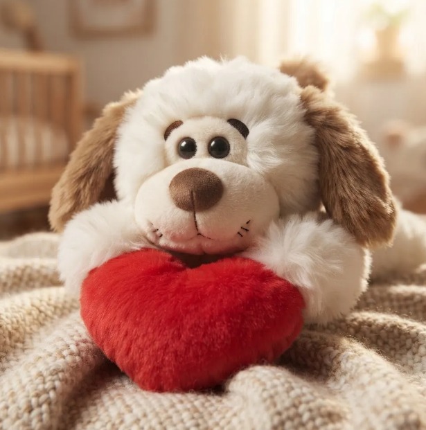 🐶❤️ PELUCHE PERRO ACOSTADO CON CORAZÓN ROJO Cafe Blanco❤️🐶 - Image 3