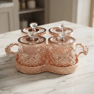 ✨🫙 SET X4 FRASCOS ORGANIZADORES CON BANDEJA DECORATIVA DE LUJO ORO ROSA✨🏡