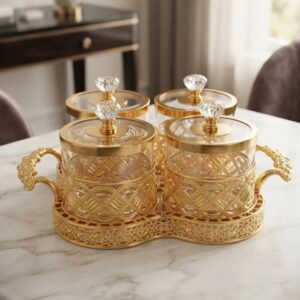 ✨🫙 SET X4 FRASCOS ORGANIZADORES CON BANDEJA DECORATIVA DE LUJO DORADO✨🏡