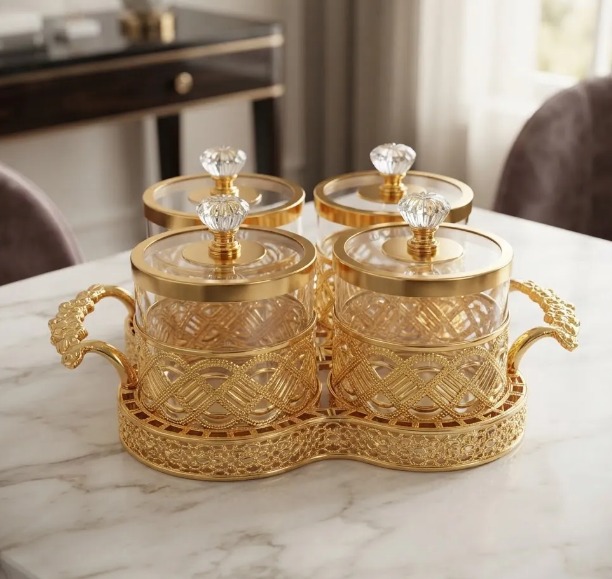 ✨🫙 SET X4 FRASCOS ORGANIZADORES CON BANDEJA DECORATIVA DE LUJO DORADO✨🏡
