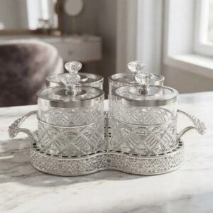 ✨🫙 SET X4 FRASCOS ORGANIZADORES CON BANDEJA DECORATIVA DE LUJO PLATEADO✨🏡