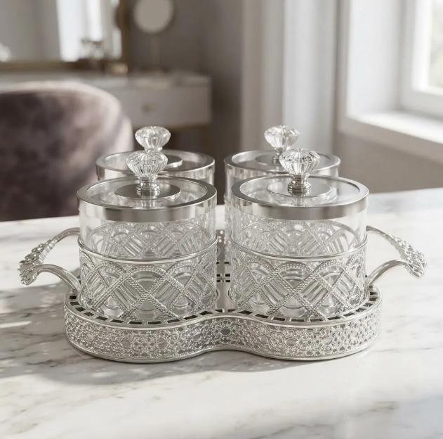 ✨🫙 SET X4 FRASCOS ORGANIZADORES CON BANDEJA DECORATIVA DE LUJO PLATEADO✨🏡