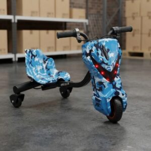 ⚡🏍️ TRICICLO ELÉCTRICO DRIFT TRIKE 360 CON LUCES LED – 350W AZUL🏁✨